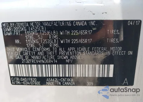 2017 Toyota Rav4 Le from USA, damaged, VIN 2T3ZFREV4HW368414